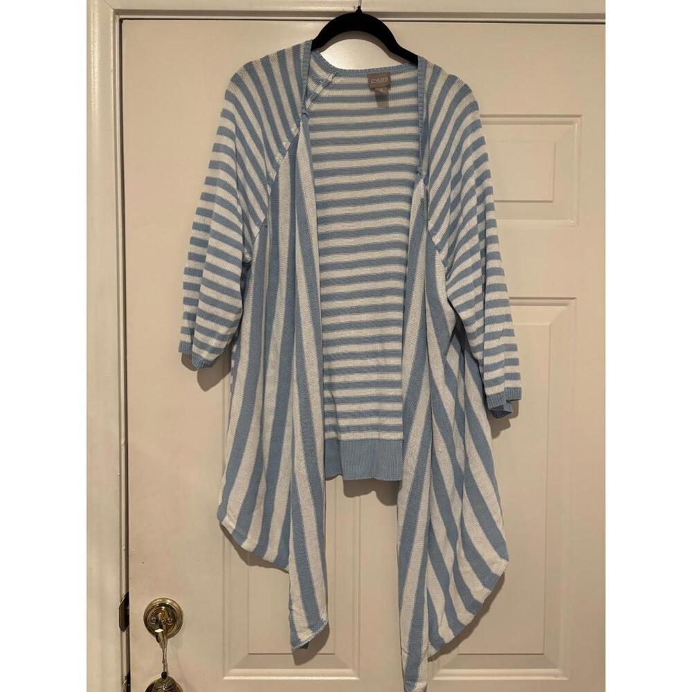 Women's sz 3 (XL 16-18) Chicos blue and white striped‎ open front cardigan #1289